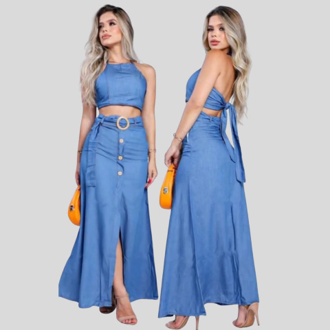 Conjunto Cropped e Saia Longa Jeans Cinto Fivela – Look Fashion - comprar online