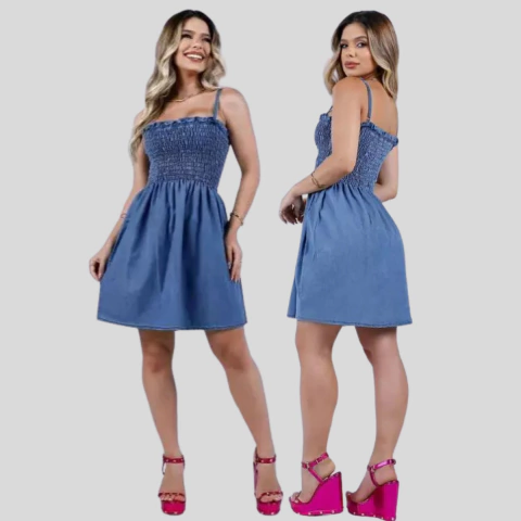 Vestido Jeans Rodado com Lastex Acinturado – Casual e Charmoso - comprar online