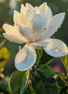 Flor de magnolia grandiflora con gotas de agua sobre sus pétalos, mostrando su belleza y frescura en un jardín.