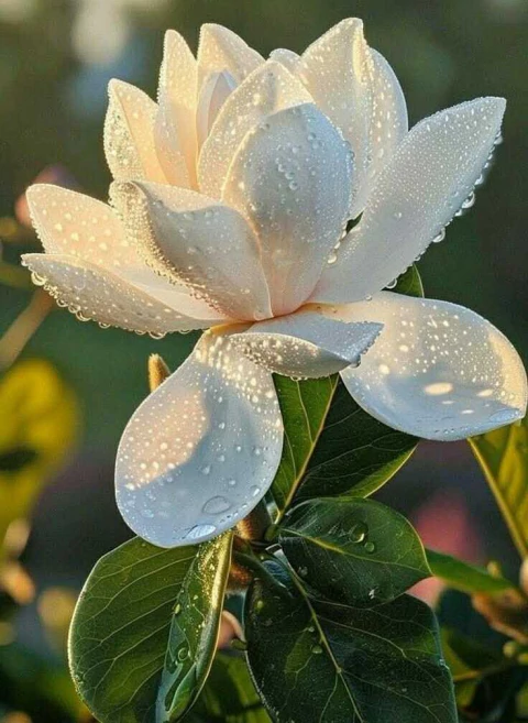 Flor de magnolia grandiflora con gotas de agua sobre sus pétalos, mostrando su belleza y frescura en un jardín.