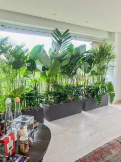 Diseño de paisajismo interior con plantas verdes en macetas modernas, creando un ambiente fresco y acogedor.