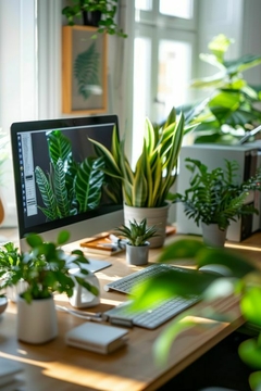 Escritorio de oficina decorado con diversas plantas en macetas, una computadora mostrando hojas verdes y un ambiente luminoso.