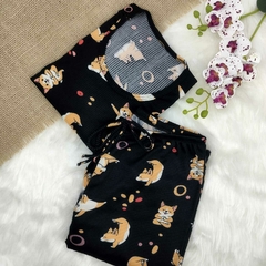 Pijama Inverno Feminino Preto Com Estampa de Cachorrinho - comprar online