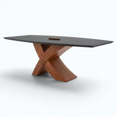 Mesa ROCCA STONE con tapa piedra sinterizada Dekton Kelya negra y base de madera de cerezo con forma de K