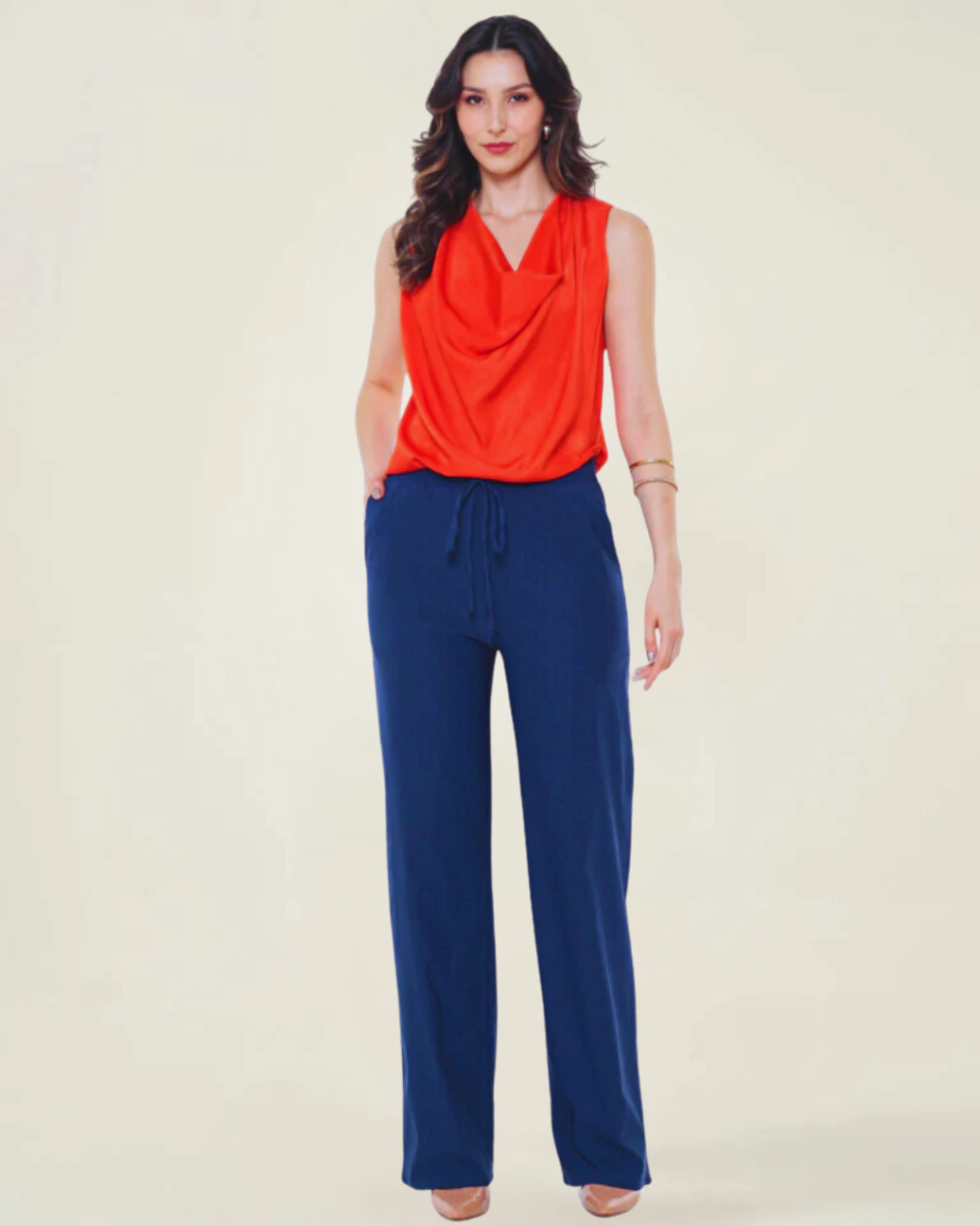 CALÇA DE ALFAIATARIA AMPLA COM ELÁSTICO AZUL