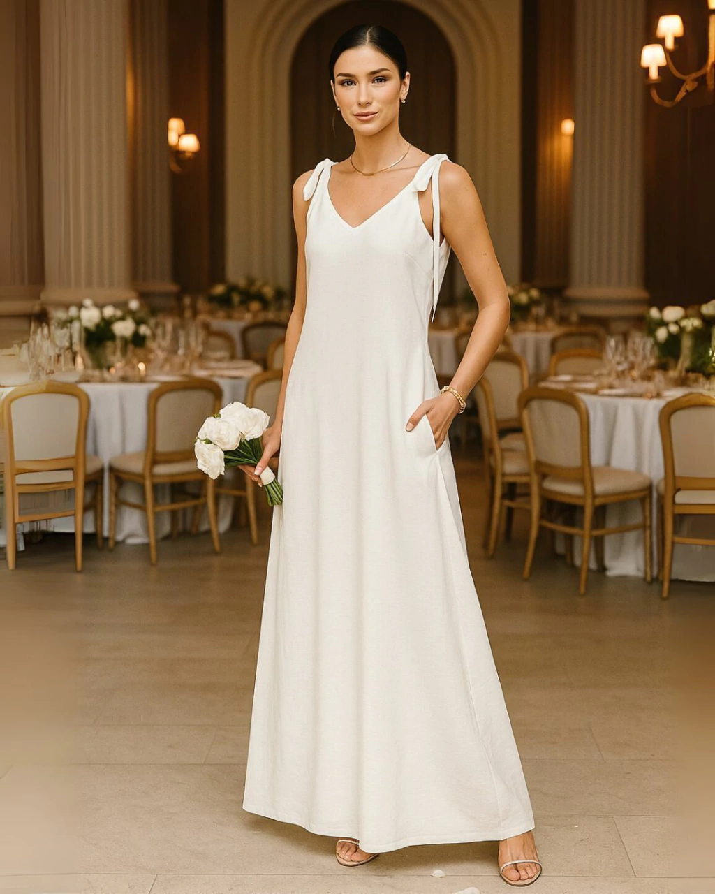 VESTIDO LONGO COM LAÇOS NAS ALÇAS OFF WHITE