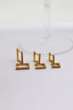 Trio de Brincos Argolinha Cravejada quadrada, Banho de Ouro Amarelo. 0006