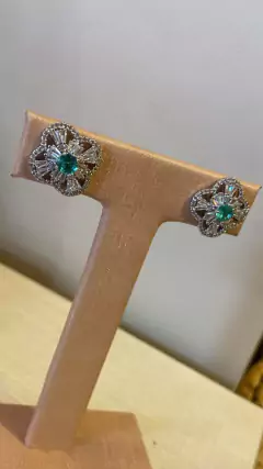 Brinco, Pedra Verde Água, Banho de Ródio. 2063
