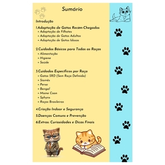 Sumário do eBook "Cuidados com Gatos", abordando adaptação, cuidados básicos, cuidados específicos por raça, criação indoor e doenças comuns.