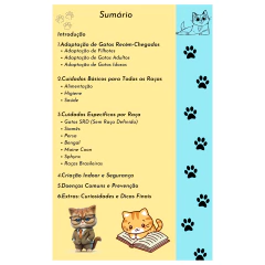 Sumário do eBook "Cuidados com Gatos", abordando adaptação, cuidados básicos, cuidados específicos por raça, criação indoor e doenças comuns.