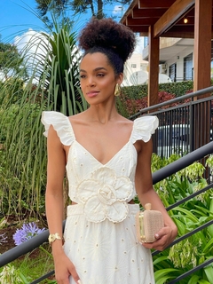 VESTIDO MIDI LINHO BORDADO FLOR na internet