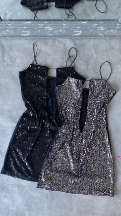 Vestido lentejuela escote cordón - comprar online
