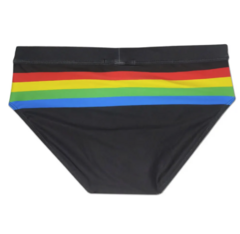 Sunga cintura baixa em poliéster com spandex arco-íris moda pride orgulho