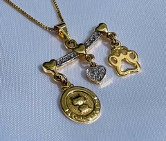 Colar canga pata vazada, coração zircônio e placa gatinho - ouro - comprar online