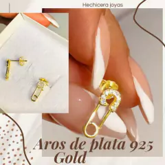 Aros de plata 925 gold con micropave alfil de gancho pasante