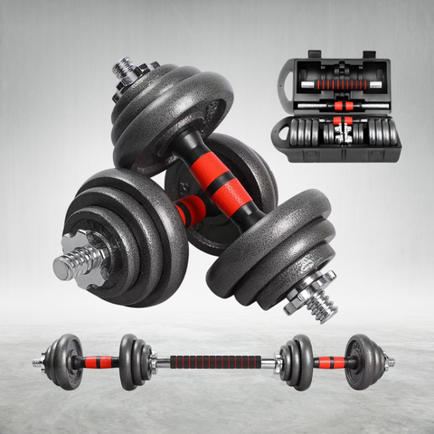 SET DE MANCUERNAS + BARRA 2 EN 1 - DISCOS DE FUNDICION - comprar online