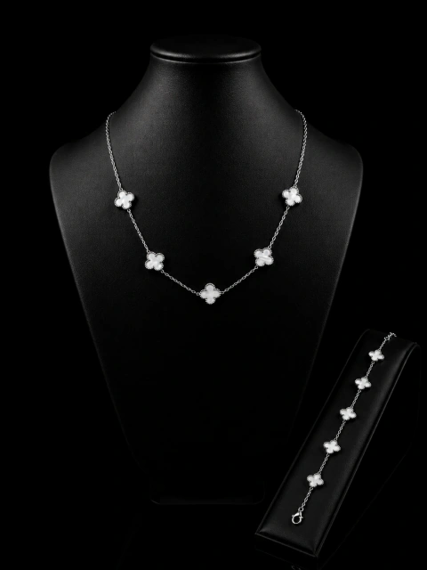 Conjunto Trevo Prata e Preto (Colar 5 trevos+Pulseira) - comprar online