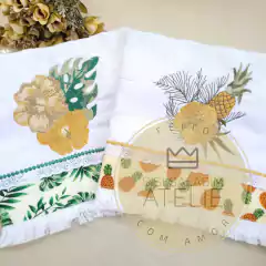 Duo Toalha de Cozinha Bordada - Abacaxi e Flores Tropicais