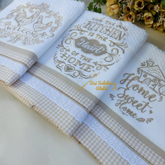 Trio Toalha de Cozinha Bordada - FarmHouse Bege - comprar online