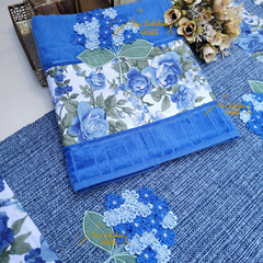 Kit Toalhas de Rosto Azul e Tapete de tear azul Flor Azul