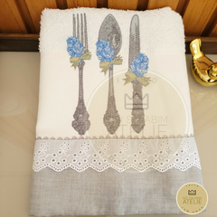 Toalha de Cozinha Bordada - Talher Cinza - sisisalabimatelie
