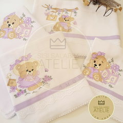 Kit Fraldas 4 peças Ursinha no jardim Lilás - Personalizável