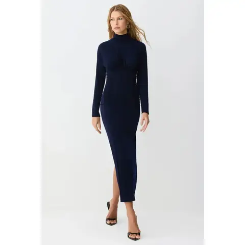 VESTIDO MIDI GOLA ALTA FRANZIDOS LATERAIS