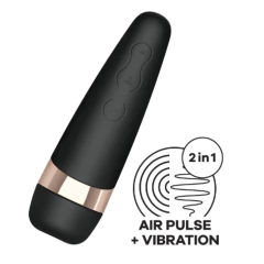 Vibrador Sugador Pro 3+ Satisfyer preto com detalhes dourados, mostrando função 2 em 1 de pulso de ar e vibração