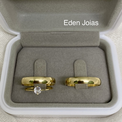 PROMOÇÃO Par de alianças em ouro 18k + Anel Solitário em Ouro 18k REF 119