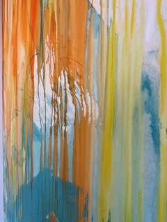 Pintura abstrata com cores vibrantes, incluindo azul, laranja e amarelo, apresentando efeitos de gotejamento.