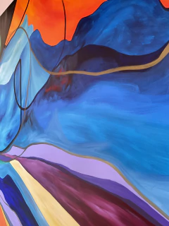 Pintura abstrata com ondas de cores vibrantes, incluindo azul, roxo, amarelo e laranja, representando uma paisagem fluida.