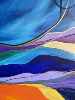 Pintura abstrata com ondas de cores vibrantes, incluindo azul, roxo, amarelo e laranja, representando uma paisagem fluida.