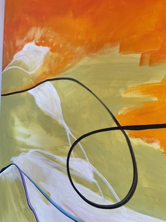 Pintura abstrata em grandes formatos apresentando formas fluídas e cores vibrantes, com predominância de laranja e verde.