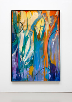 Pintura abstrata em grandes formatos, destacando cores vibrantes como azul, verde, laranja e roxo, com linhas fluidas e formas orgânicas.