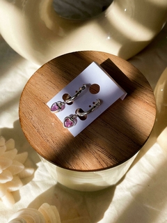 Aros Argollitas Acero blanco con Dije Corazon Rosa