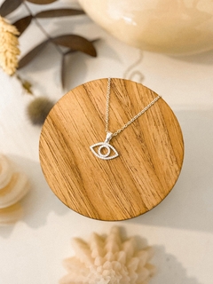 DIJE OJO PROTECCIÓN PLATA 925, MICROPAVE Y CADENA ACERO BLANCO