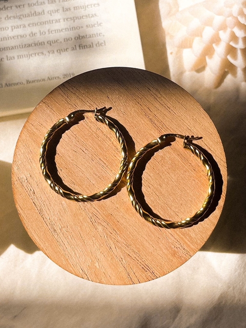 aros argollas acero dorado labradas 3,5cm