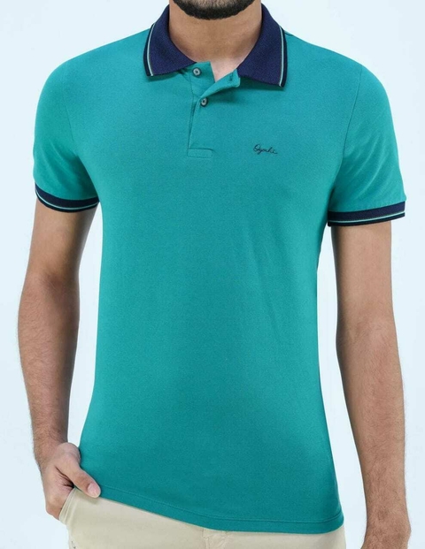 CAMISA POLO SLIM OGOCHI AZUL DETALHE GOLA E PUNHO
