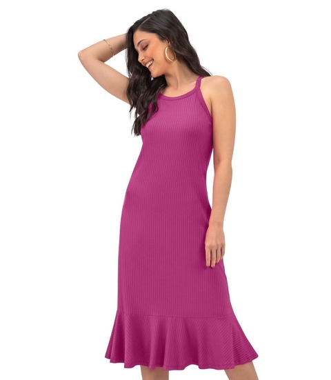 VESTIDO MIDI CANELADO COM BABADO