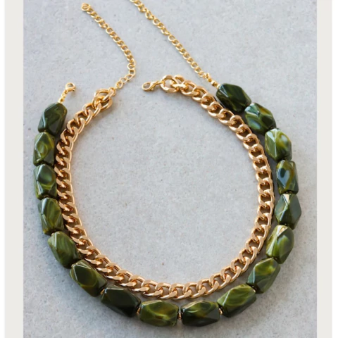 Colar Duplo Resina Banho Dourado - Verde
