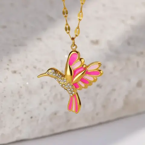 Collar colibrí esmaltado rosa acero dorado