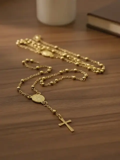 Rosario Virgen Milagrosa 35cms bola de 3mm acero dorado