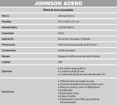 PILETA JOHNSON ACERO 304 LUXOR (SOPAPA CESTILLO ANTIR) SI85 * en internet