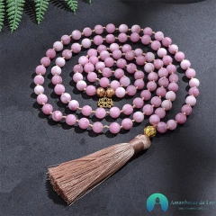 Japamala 108 Contas em Pedras Naturais Kunzita Rosa Frisada Ho'oponopono Flor de Lótus - comprar online