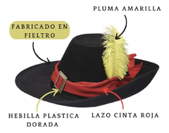 GORRO MOSQUETERO NEGRO PLUMA AMARILLA (gato con botas)