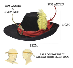 GORRO MOSQUETERO NEGRO PLUMA AMARILLA (gato con botas) en internet