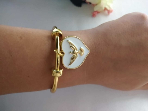 Bracelete Pomba da Paz Coração -Banhado a Ouro 18k