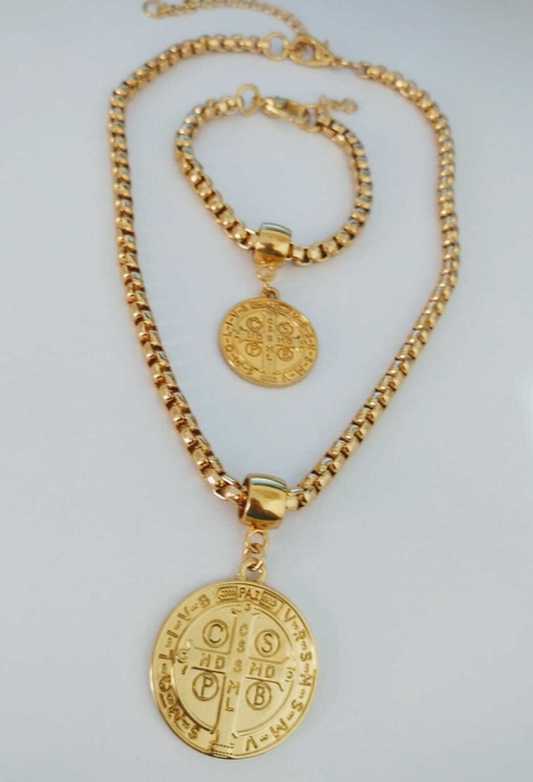 Conjunto Colar e Pulseira São Bento Banhado a Ouro 18k