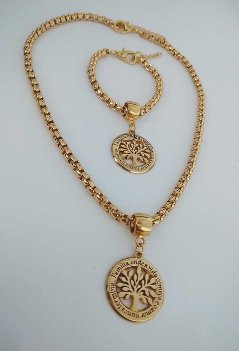 Conjunto Colar e Pulseira Arvore da Vida Banhado a Ouro 18k