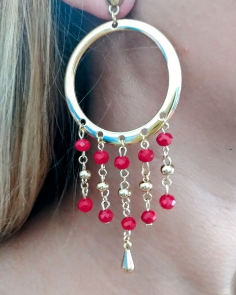 Brinco Maxi Com Cristais Vermelho - Banhado a Ouro 18k